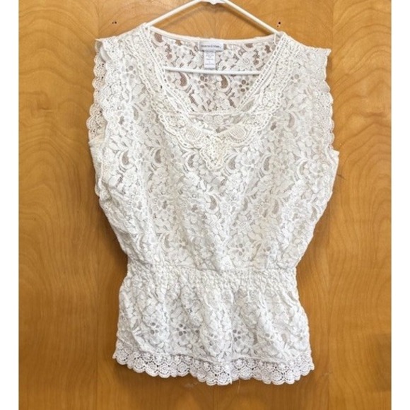 Monroe & Main Womens Lace Short Sleeve Babydoll Top Crochet Cream Sz L - Picture 3 of 10